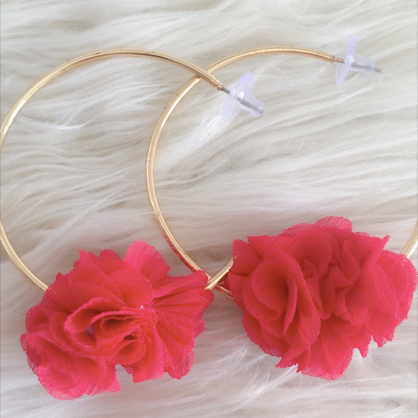 Cooper C Shape Hoop Earrings with Fuchsia Flower