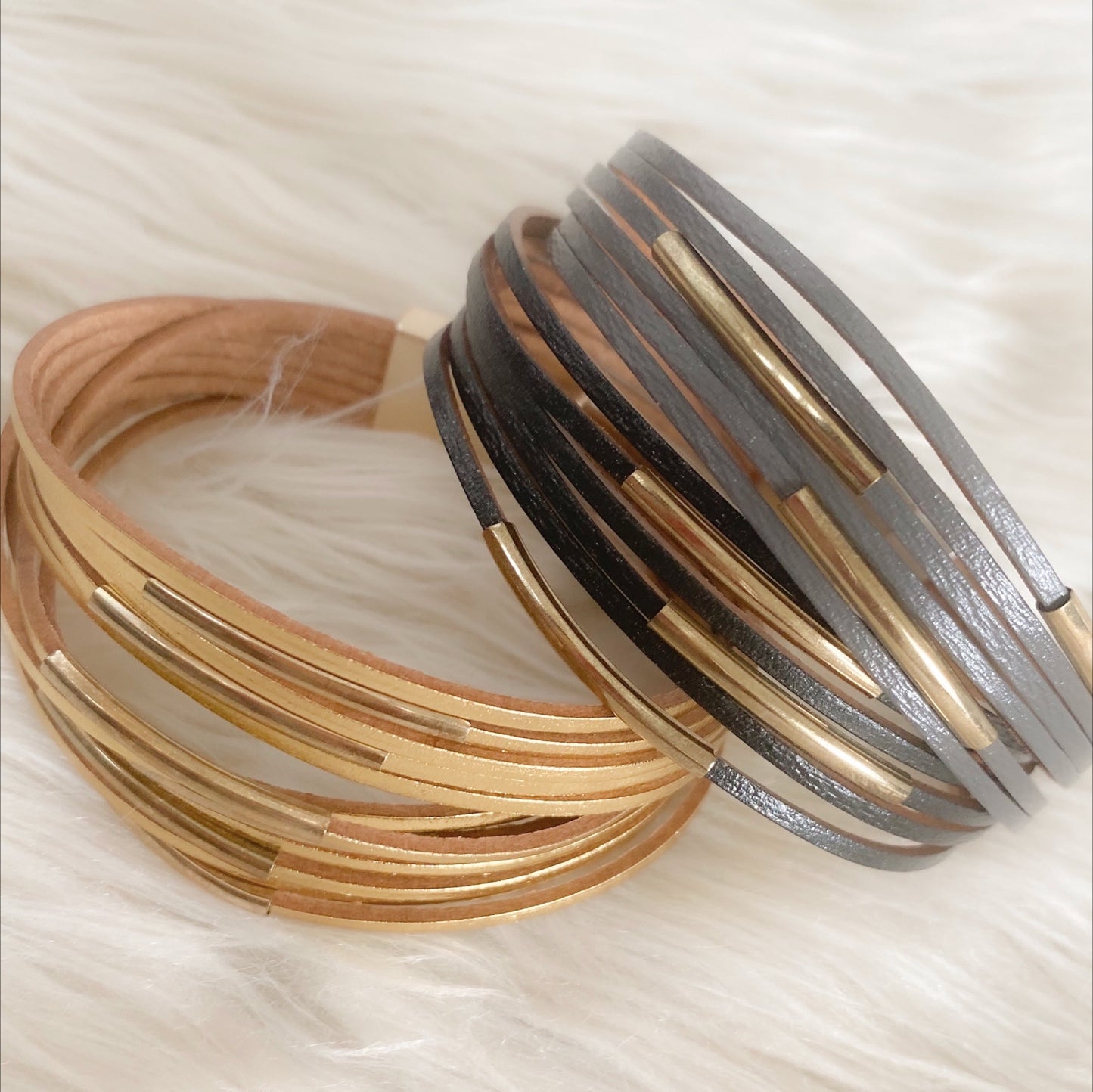 Lola Vintage Leather Wrap Gold Cuff Bracelet - Gold-Gold