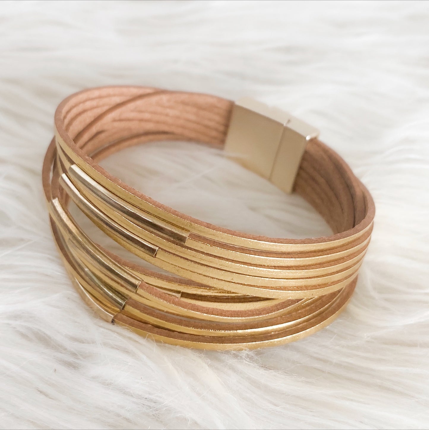 Lola Vintage Leather Wrap Gold Cuff Bracelet - Black-Grey
