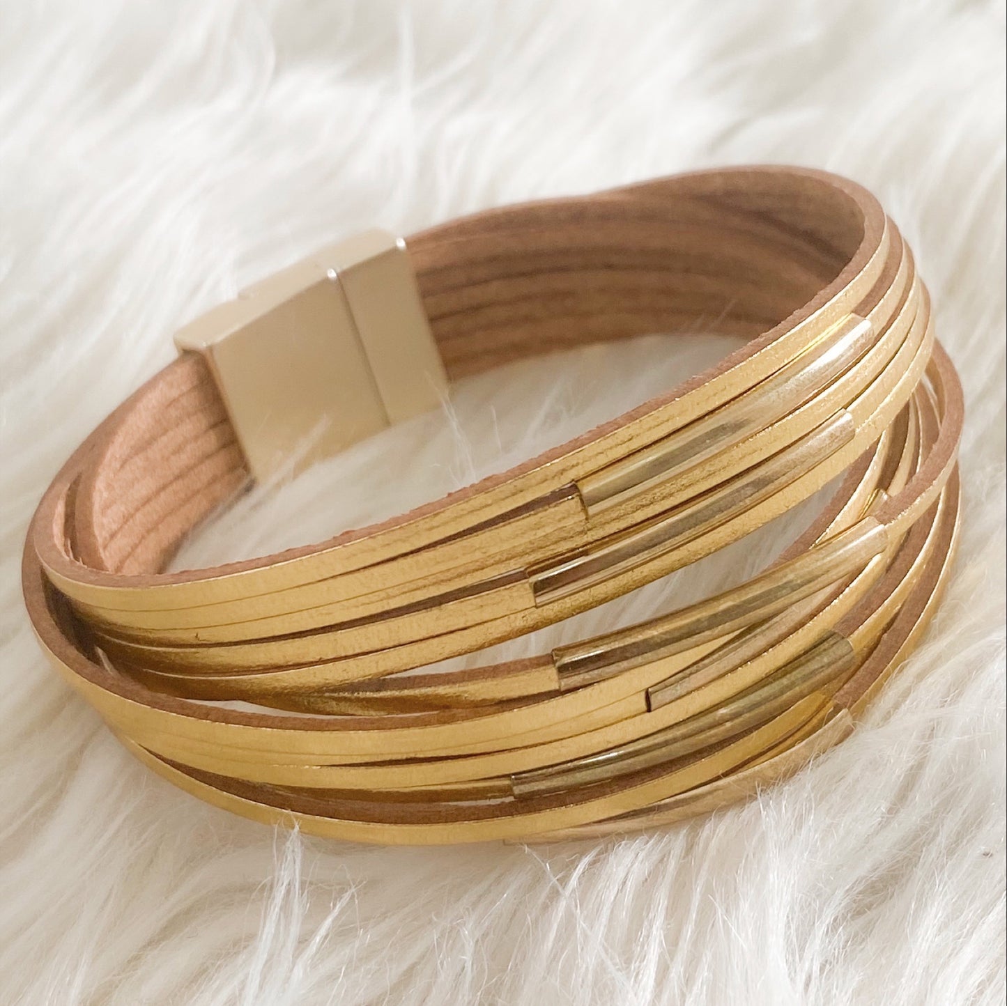 Lola Vintage Leather Wrap Gold Cuff Bracelet - Black-Grey