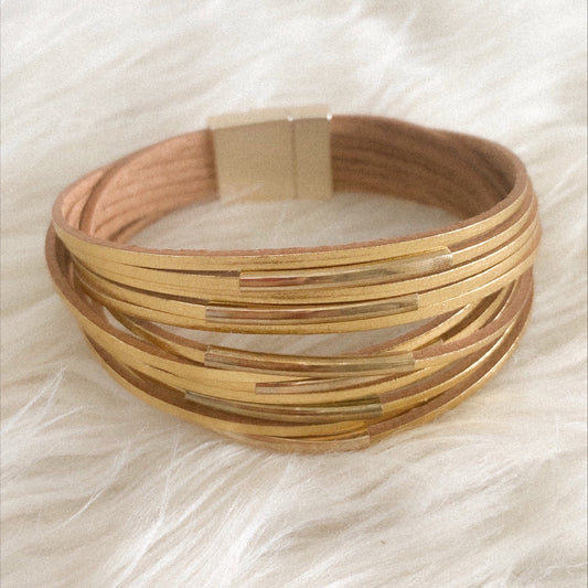 Lola Vintage Leather Wrap Gold Cuff Bracelet - Gold-Gold