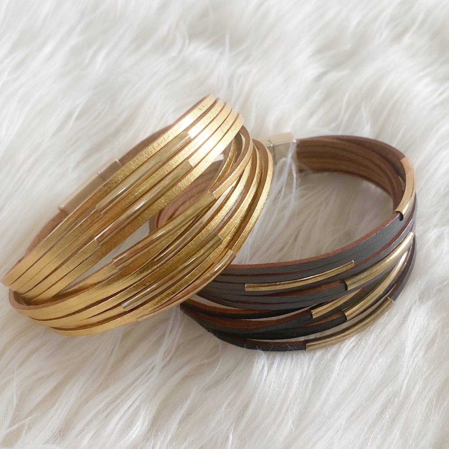 Lola Vintage Leather Wrap Gold Cuff Bracelet - Black-Grey