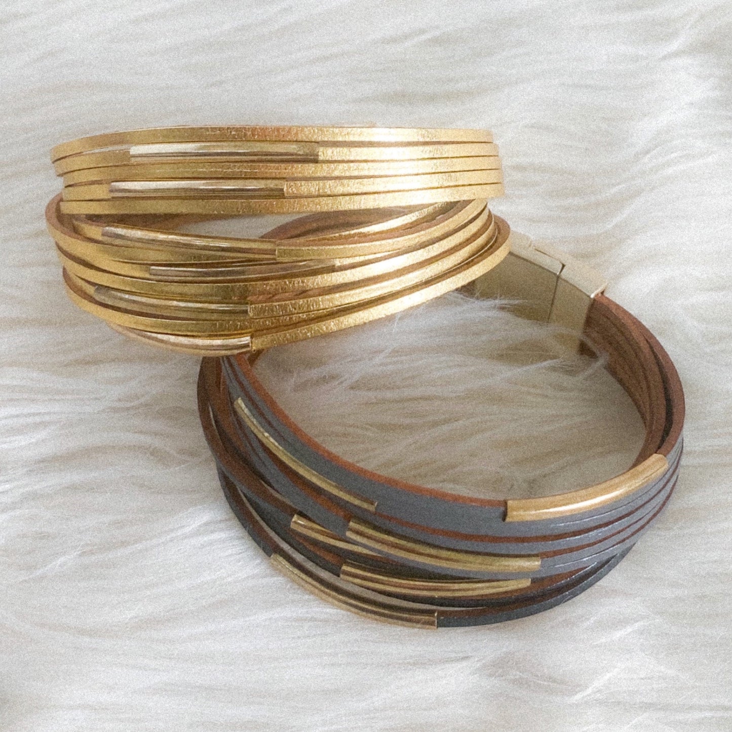 Lola Vintage Leather Wrap Gold Cuff Bracelet - Black-Grey