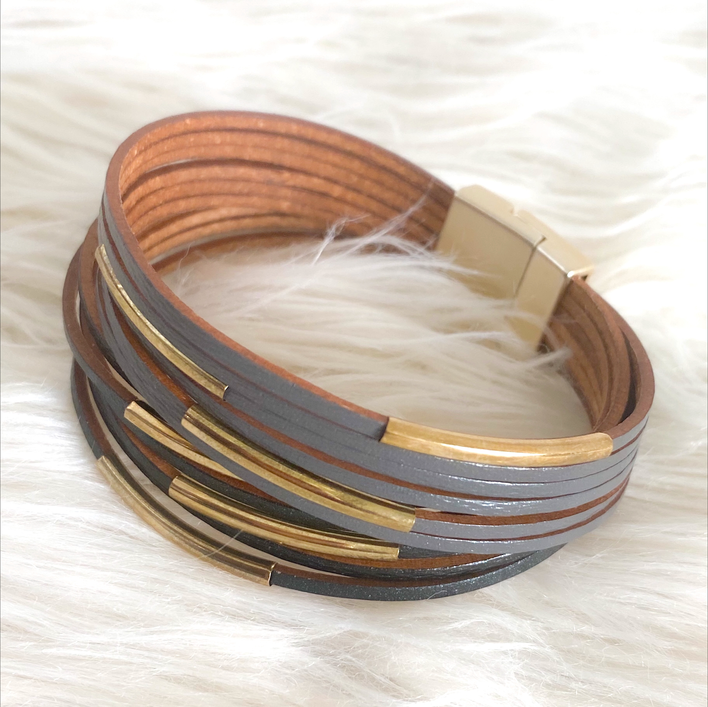 Lola Vintage Leather Wrap Gold Cuff Bracelet - Black-Grey