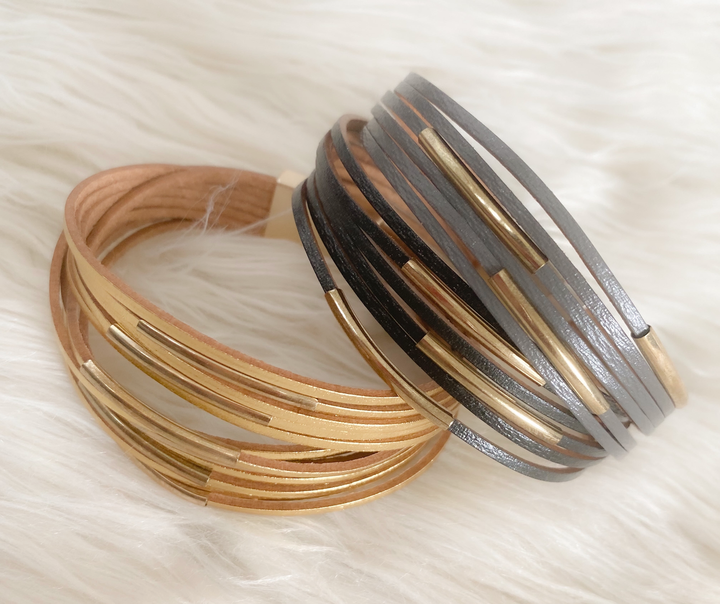 Lola Vintage Leather Wrap Gold Cuff Bracelet - Black-Grey