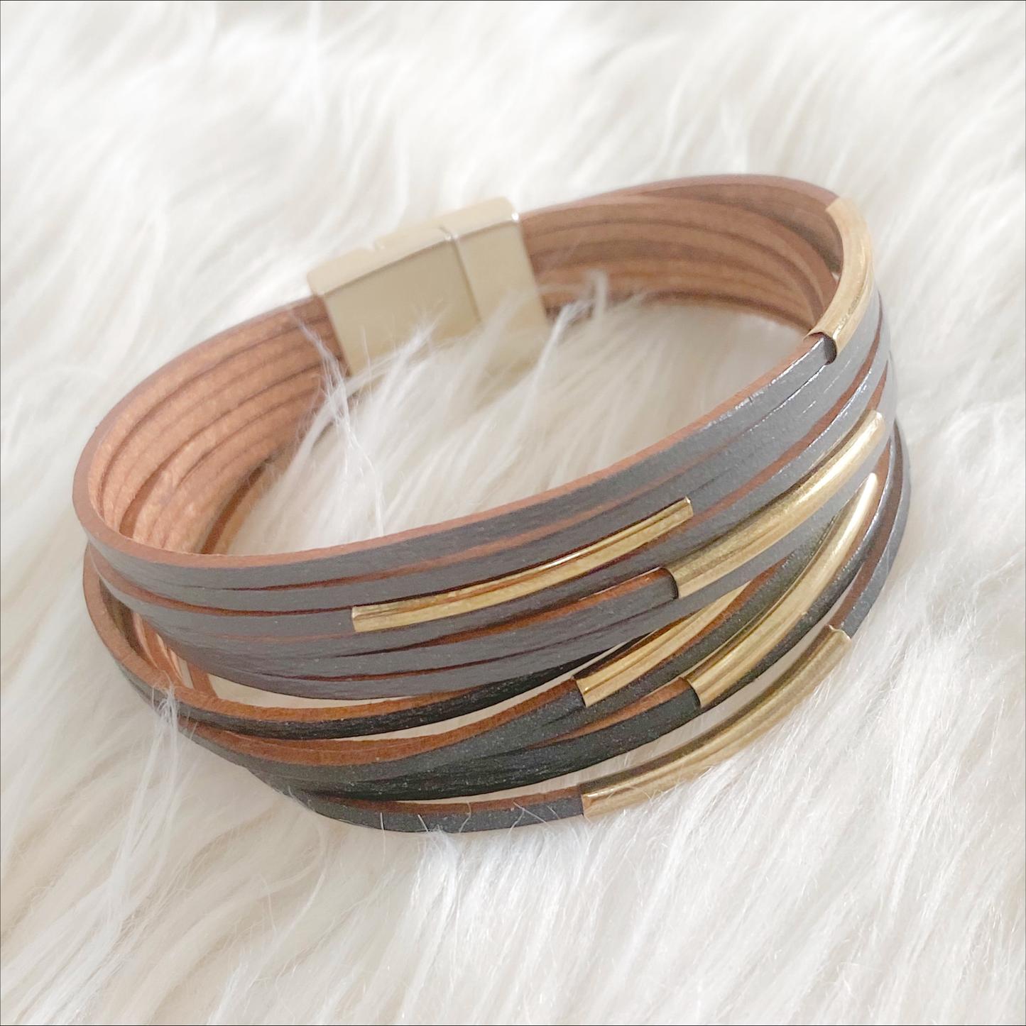 Lola Vintage Leather Wrap Gold Cuff Bracelet - Black-Grey