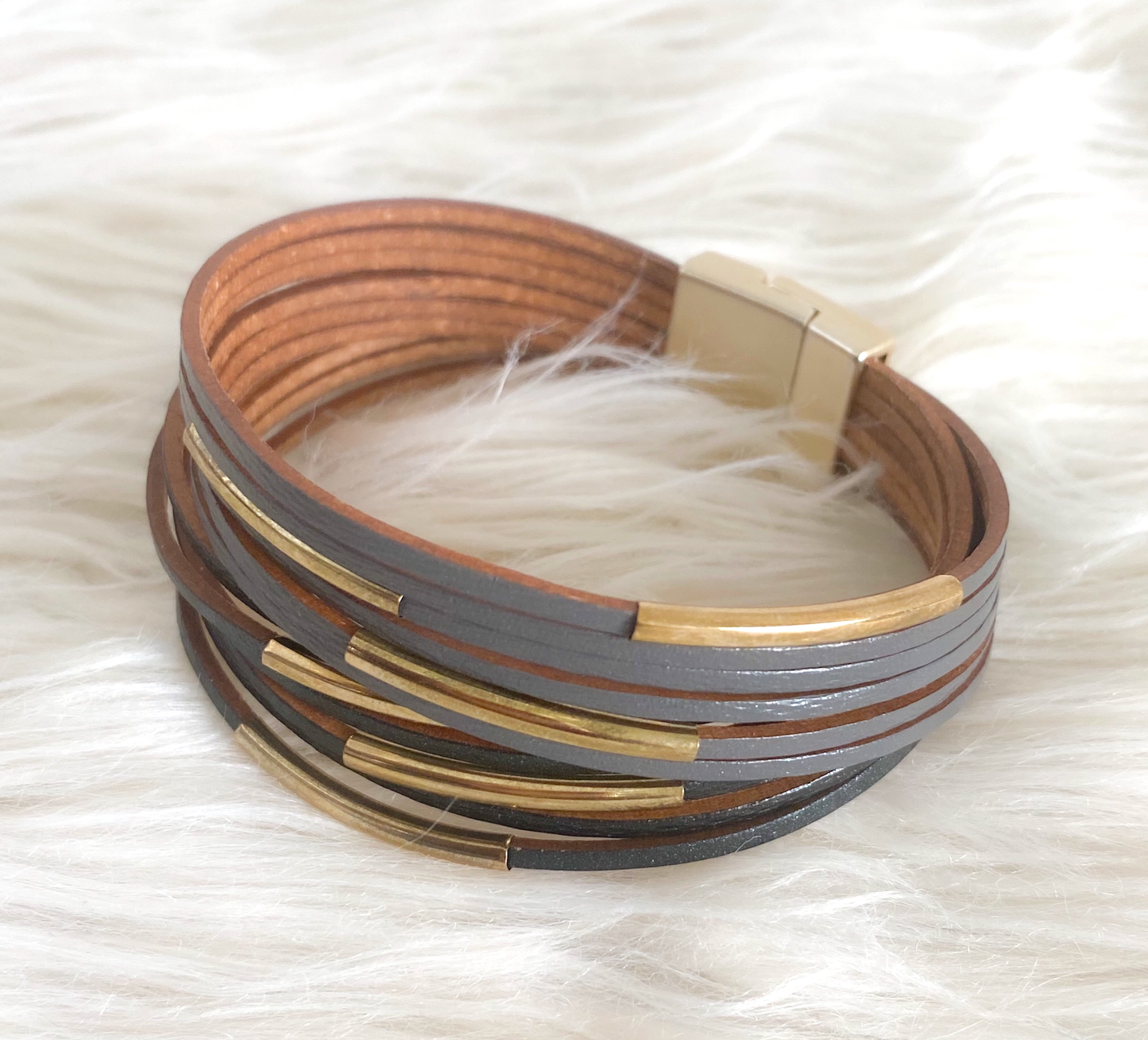 Lola Vintage Leather Wrap Gold Cuff Bracelet - Black-Grey
