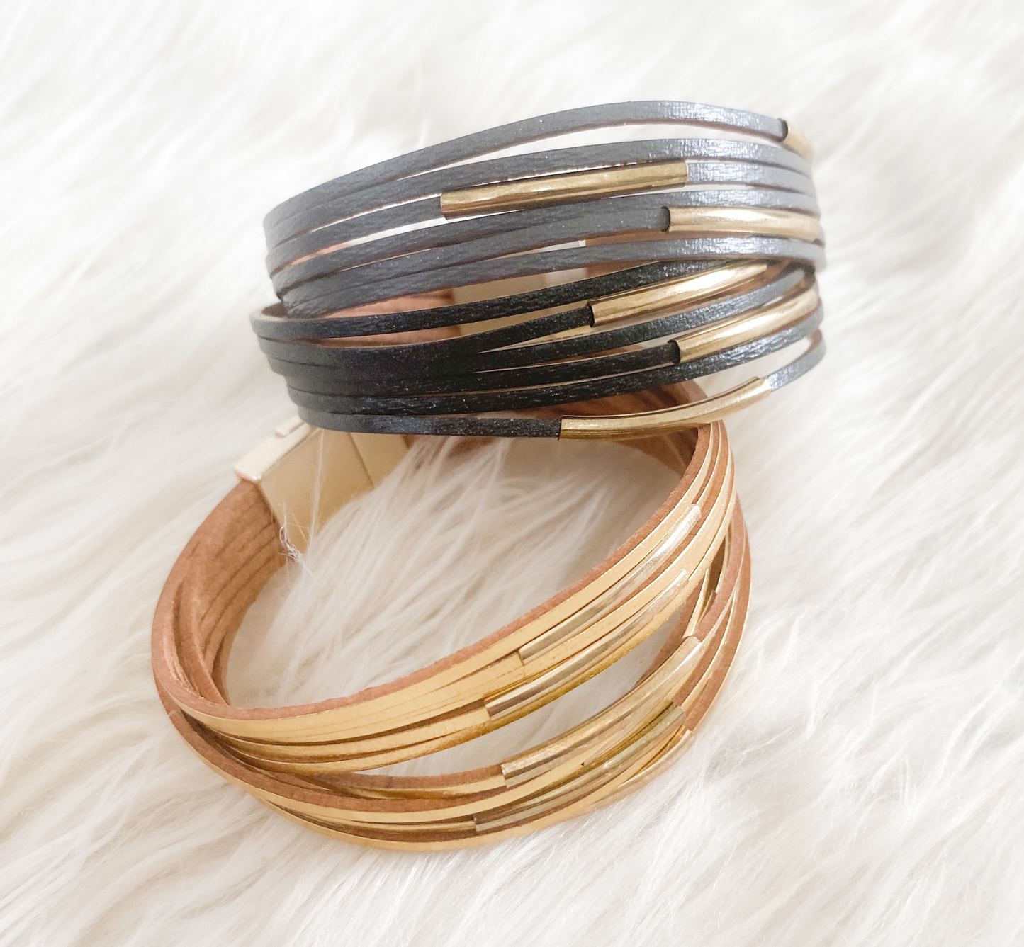 Lola Vintage Leather Wrap Gold Cuff Bracelet - Black-Grey