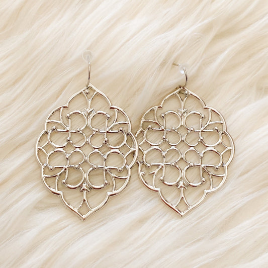 Flower Pattern Drop Earrings - Silver