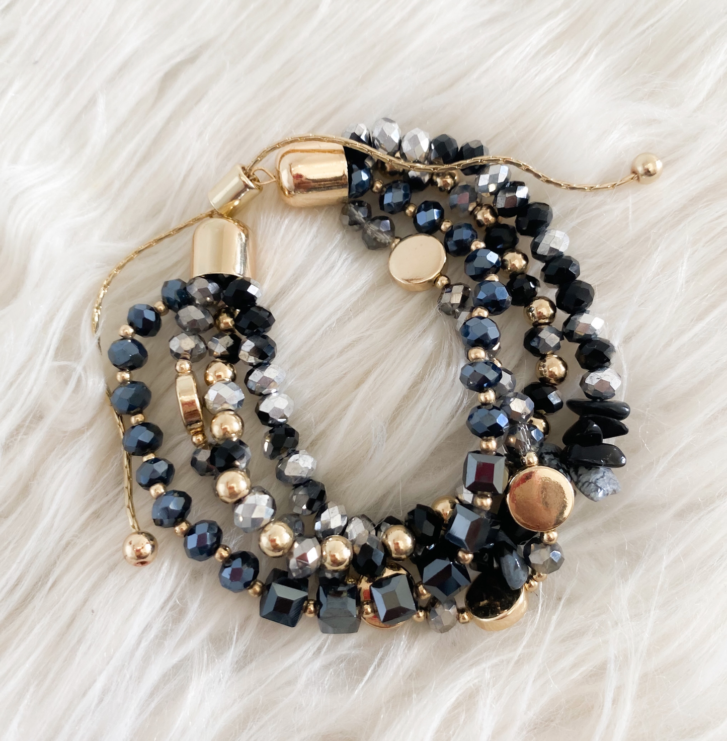 Lilly Natural Stone and Glass Bead Bracelet - Black