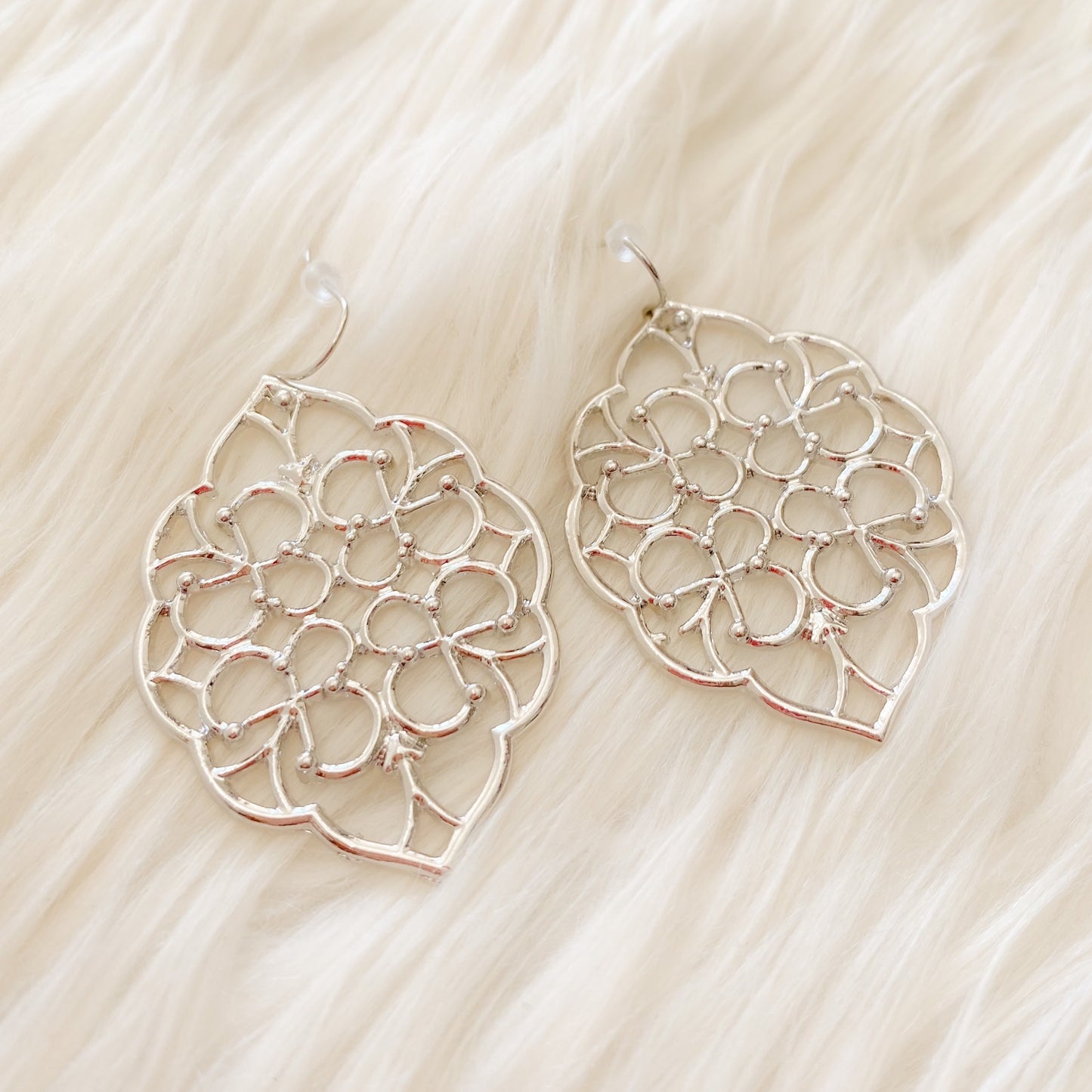 Flower Pattern Drop Earrings - Silver