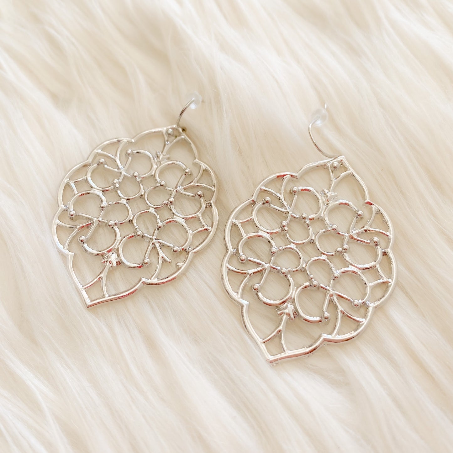 Flower Pattern Drop Earrings - Silver