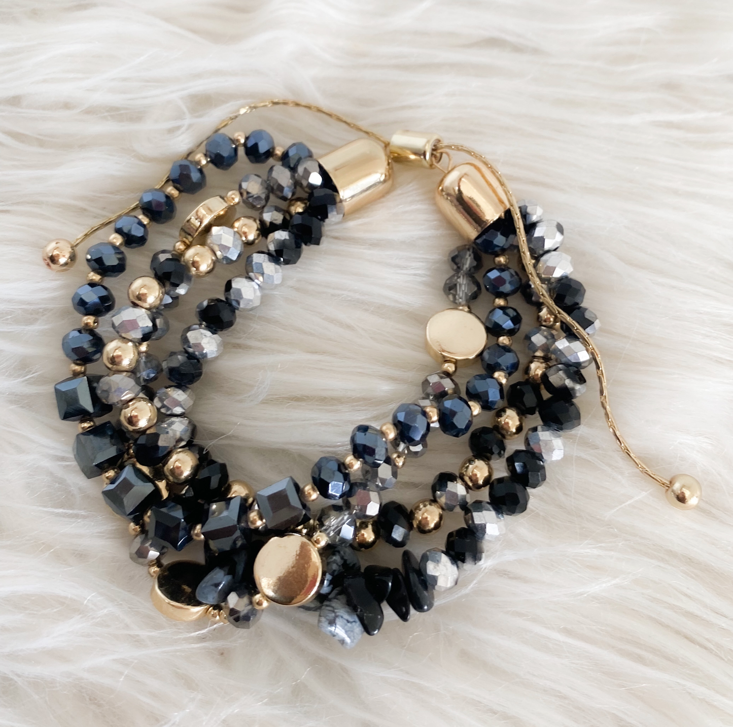 Lilly Natural Stone and Glass Bead Bracelet - Black