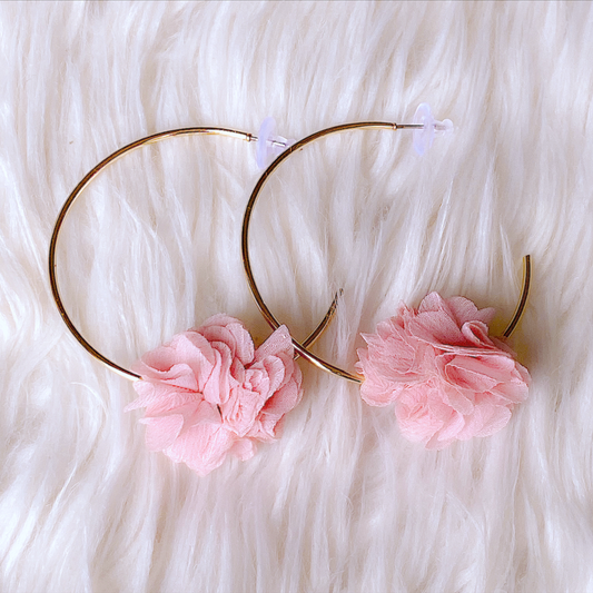 Cooper C Shape Hoop Earrings with Pink Flower