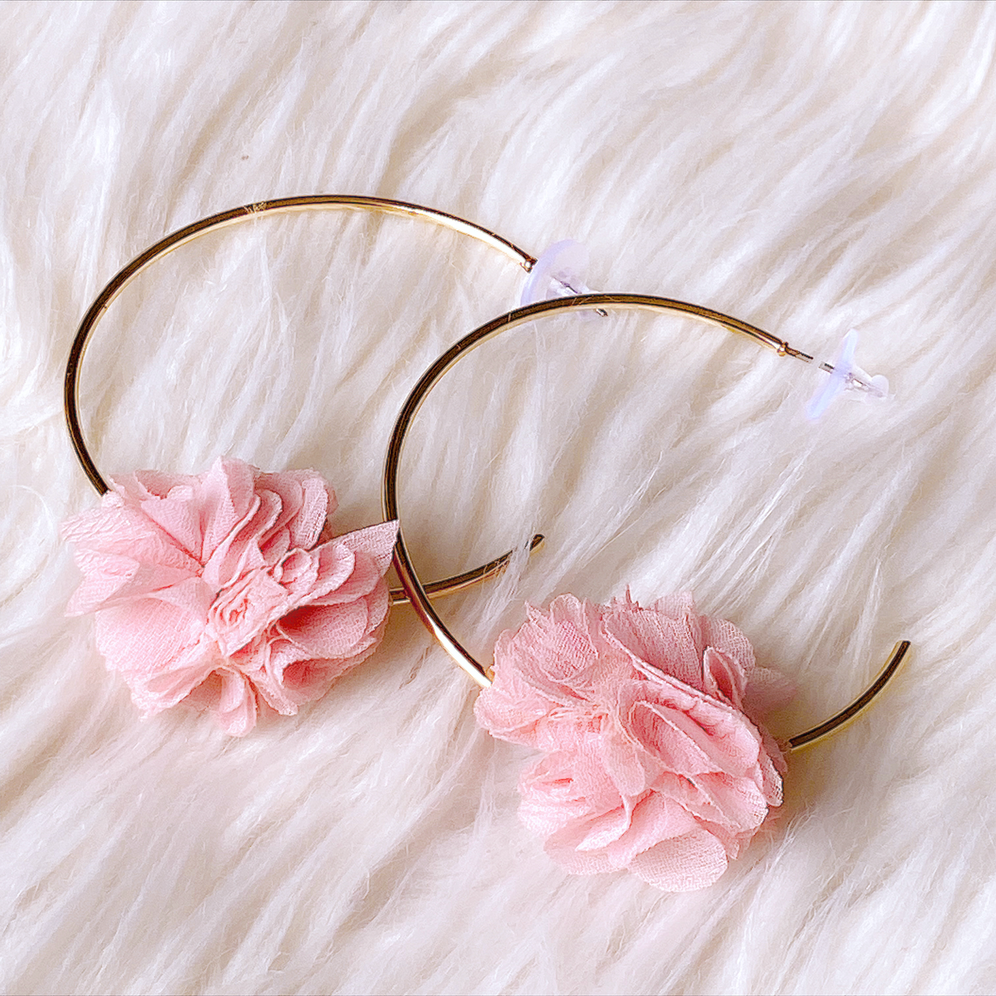 Cooper C Shape Hoop Earrings with Pink Flower