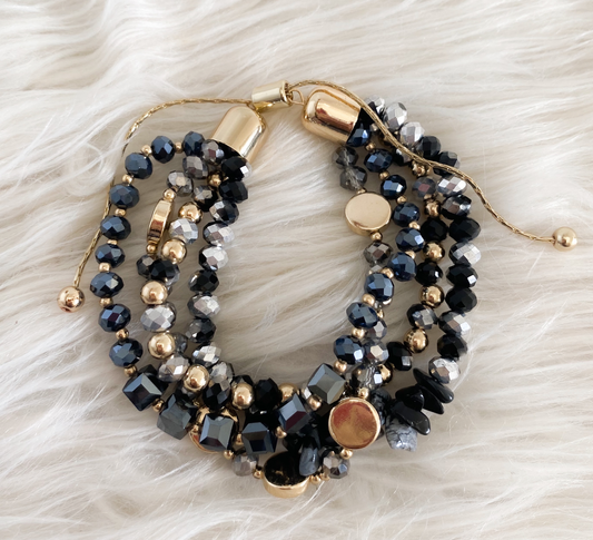 Lilly Natural Stone and Glass Bead Bracelet - Black