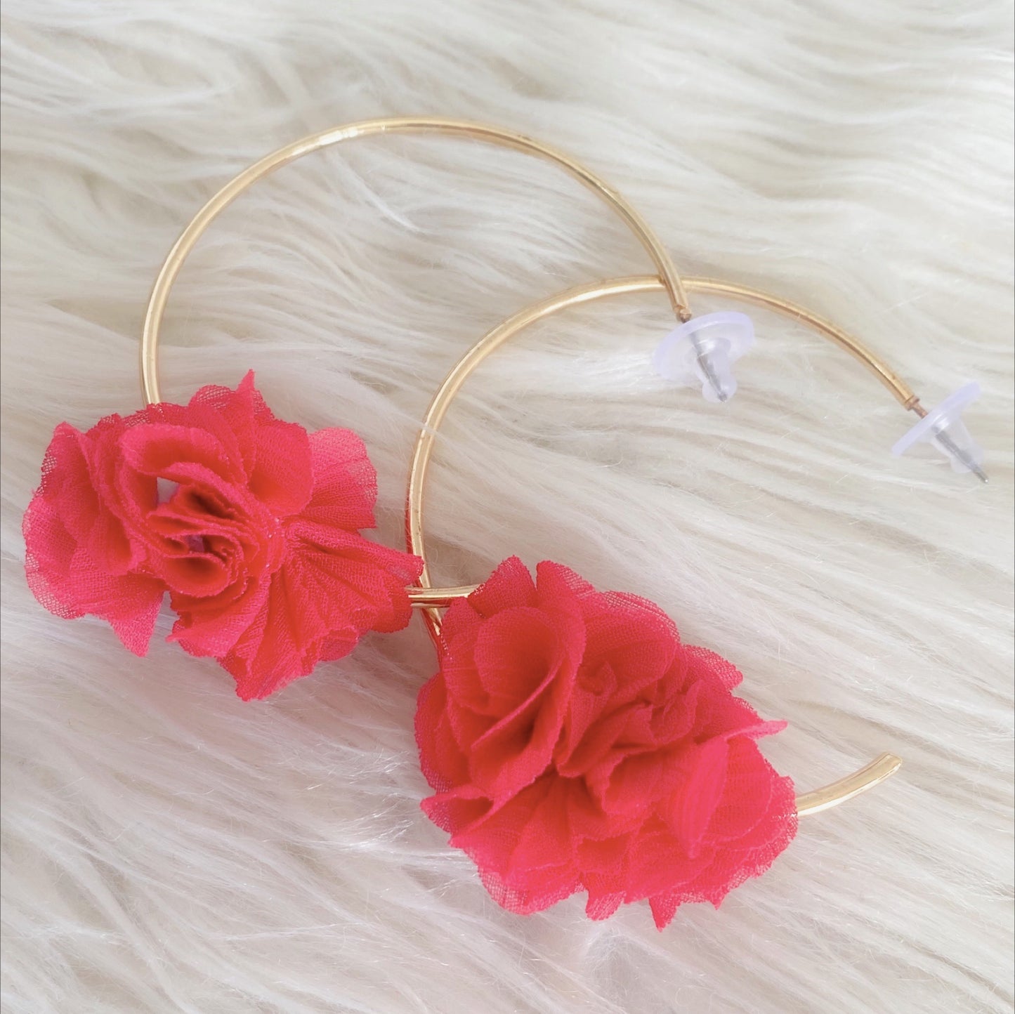 Cooper C Shape Hoop Earrings with  Fuchsia Flower