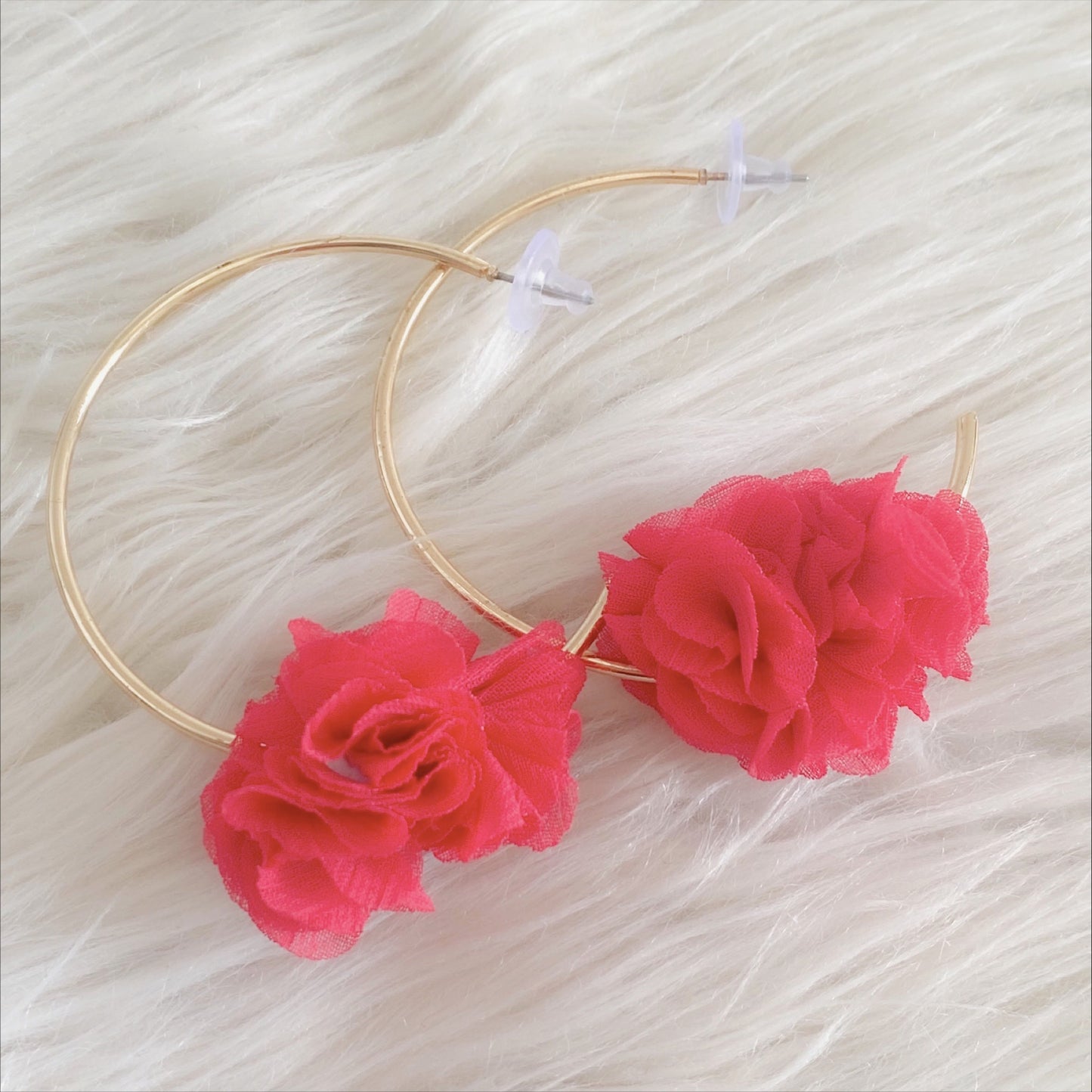 Cooper C Shape Hoop Earrings with  Fuchsia Flower