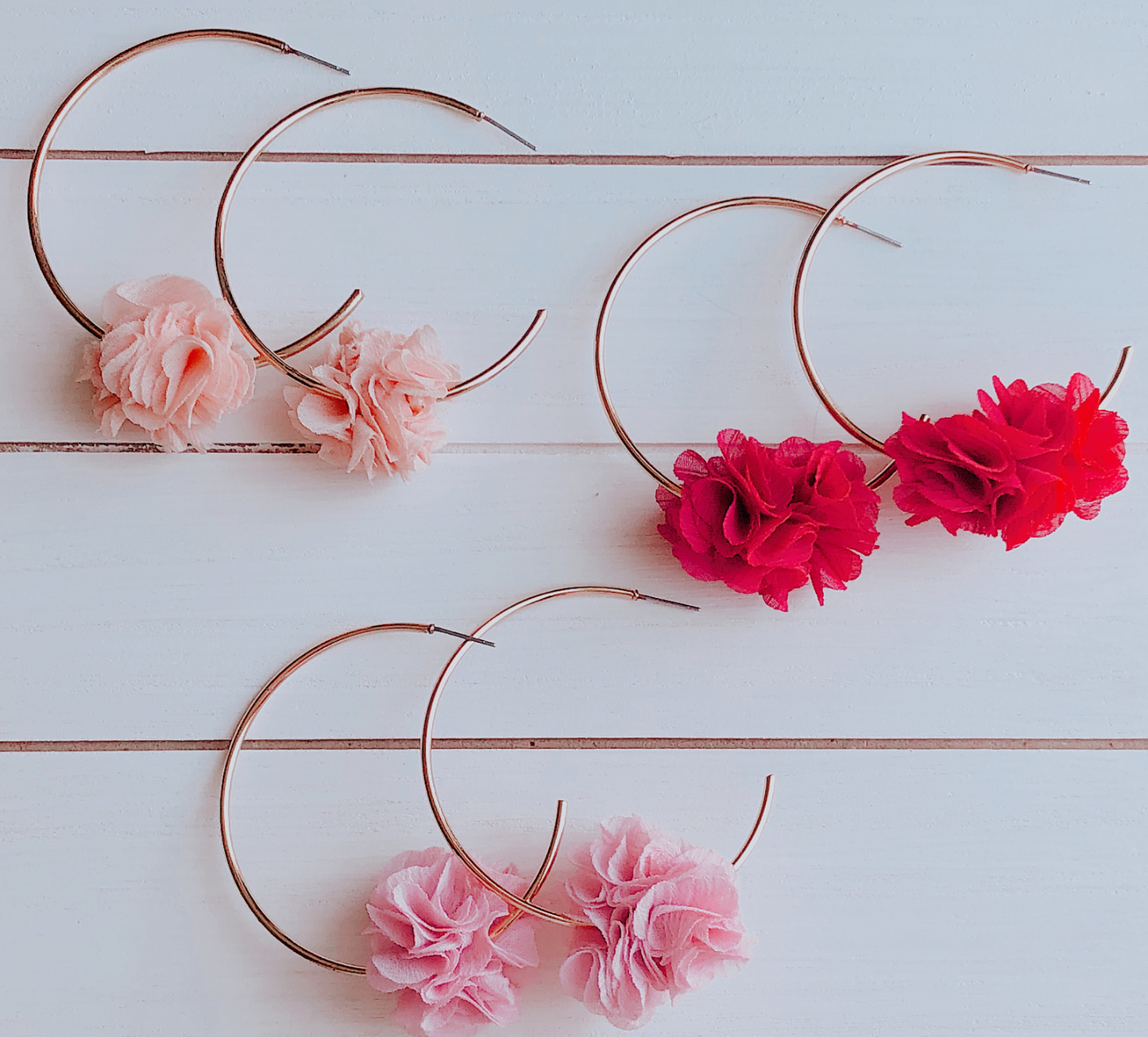 Cooper C Shape Hoop Earrings with Pink Flower