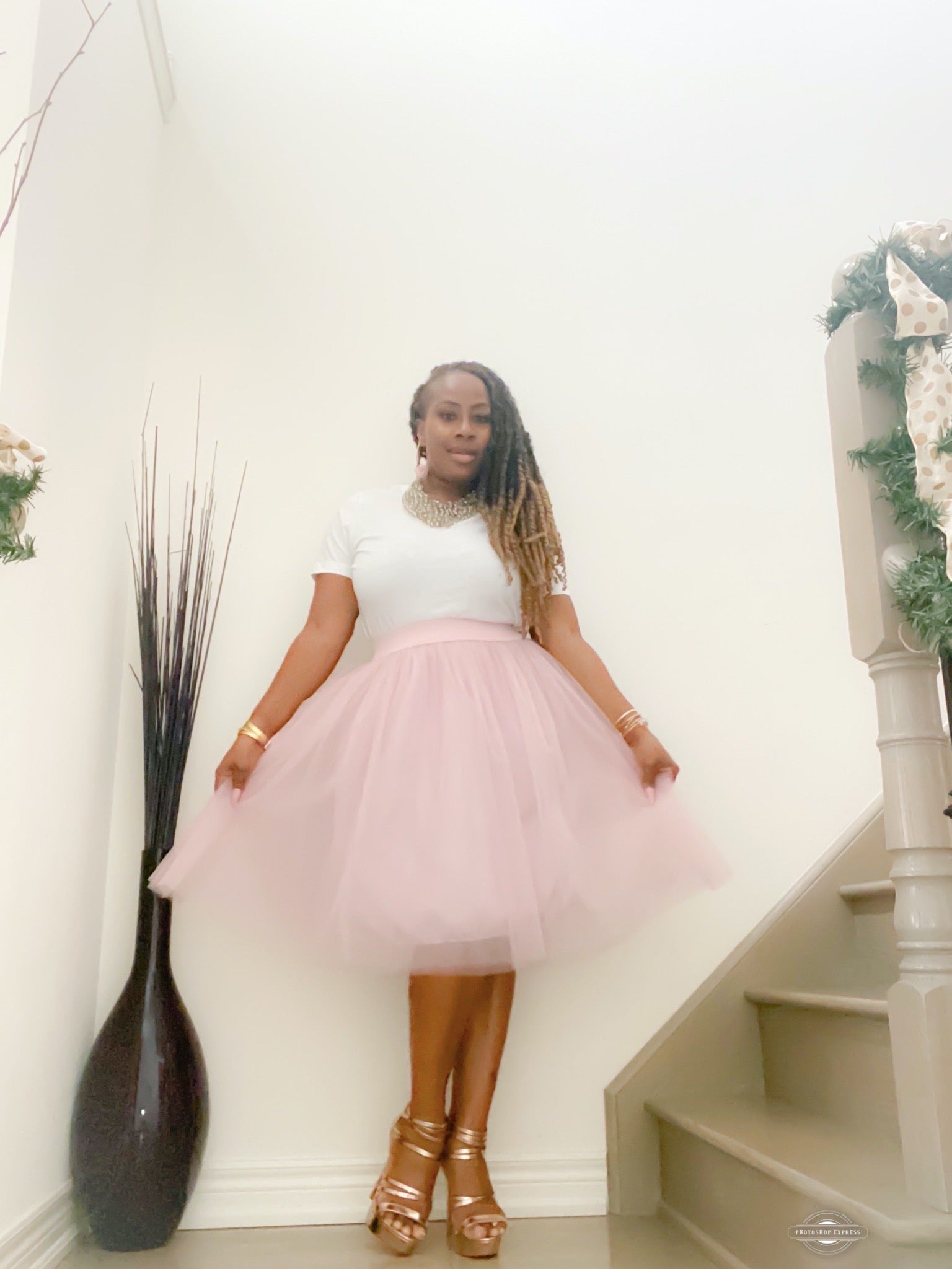 knee length pink tulle dress Off the Shoulder Sparkly Pink Tea Length Ball Gown Prom Dresses DMI5 Demodresses